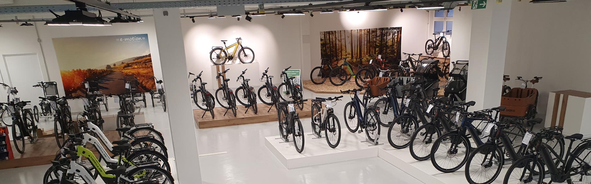 Innenansicht mit vielen verschiedenen e-Bikes in der e-motion Welt Pforzheim